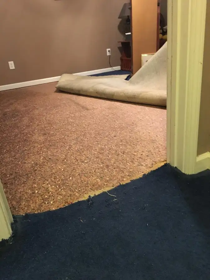 Carpet pad removal revealing water damage during Drying & Dehumidification in Odenville